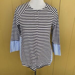 Foxcroft NYC women M snap front stripe shirt jacket w/pocket black white blue